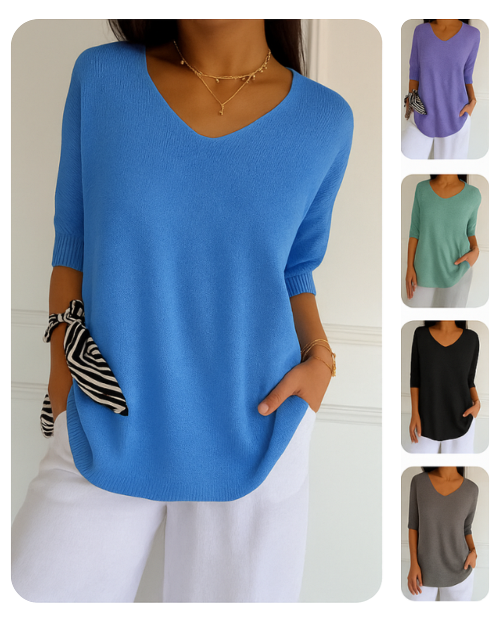 Kit 3 Blusas Serena® em Malha Leve – Decote V