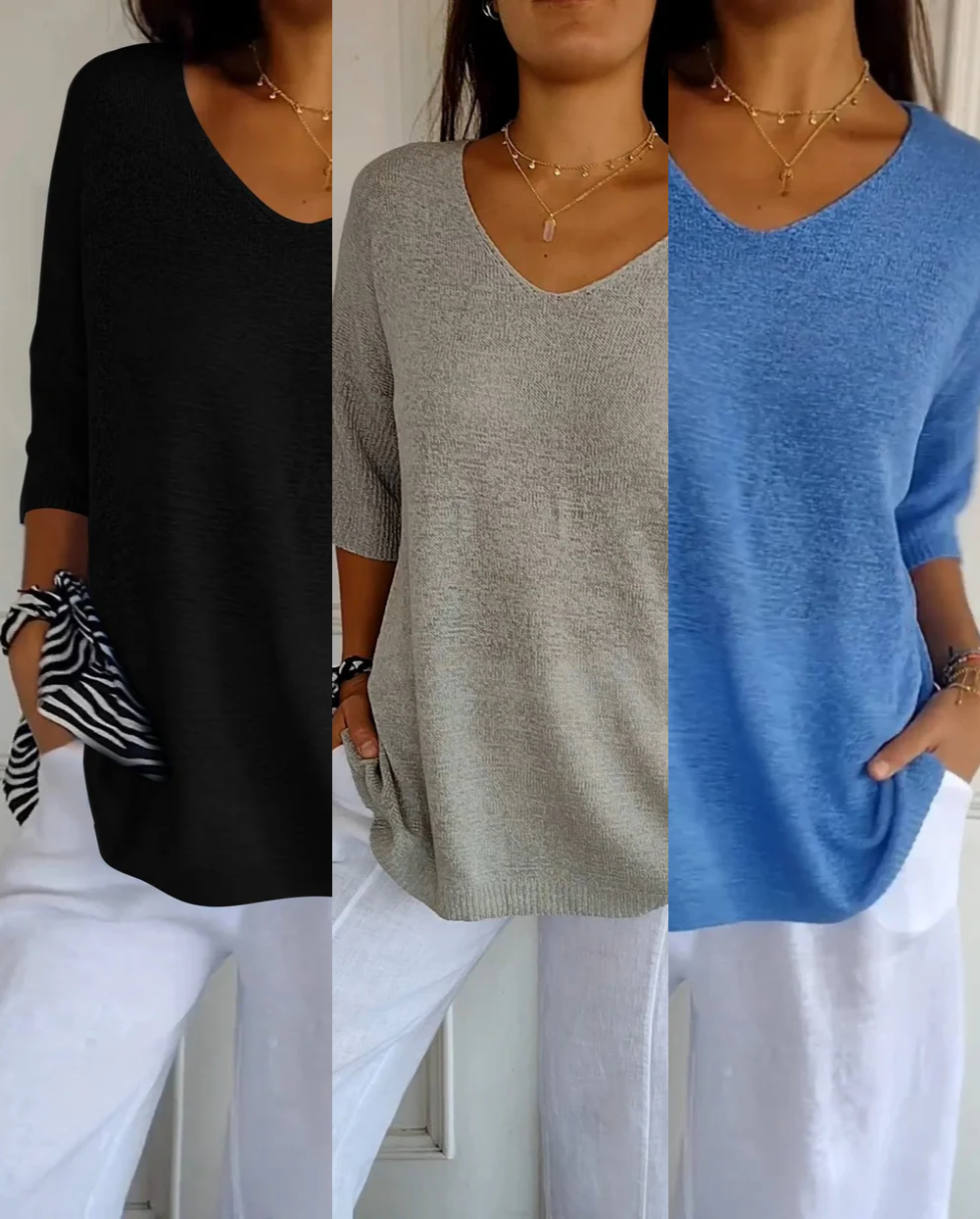Kit 3 Blusas Serena® em Malha Leve – Decote V