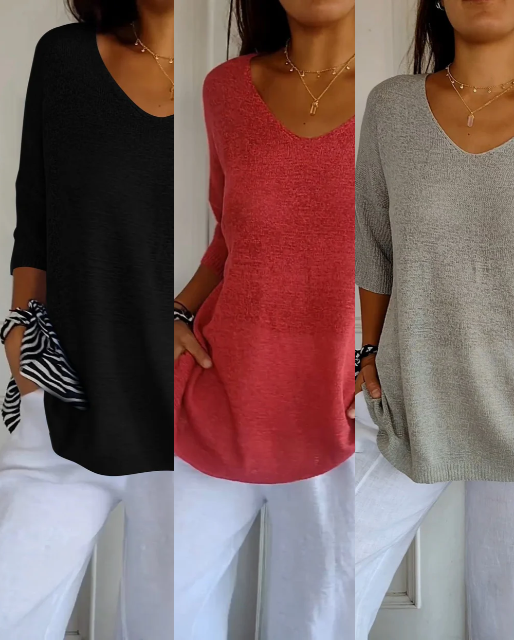 Kit 3 Blusas Serena® em Malha Leve – Decote V